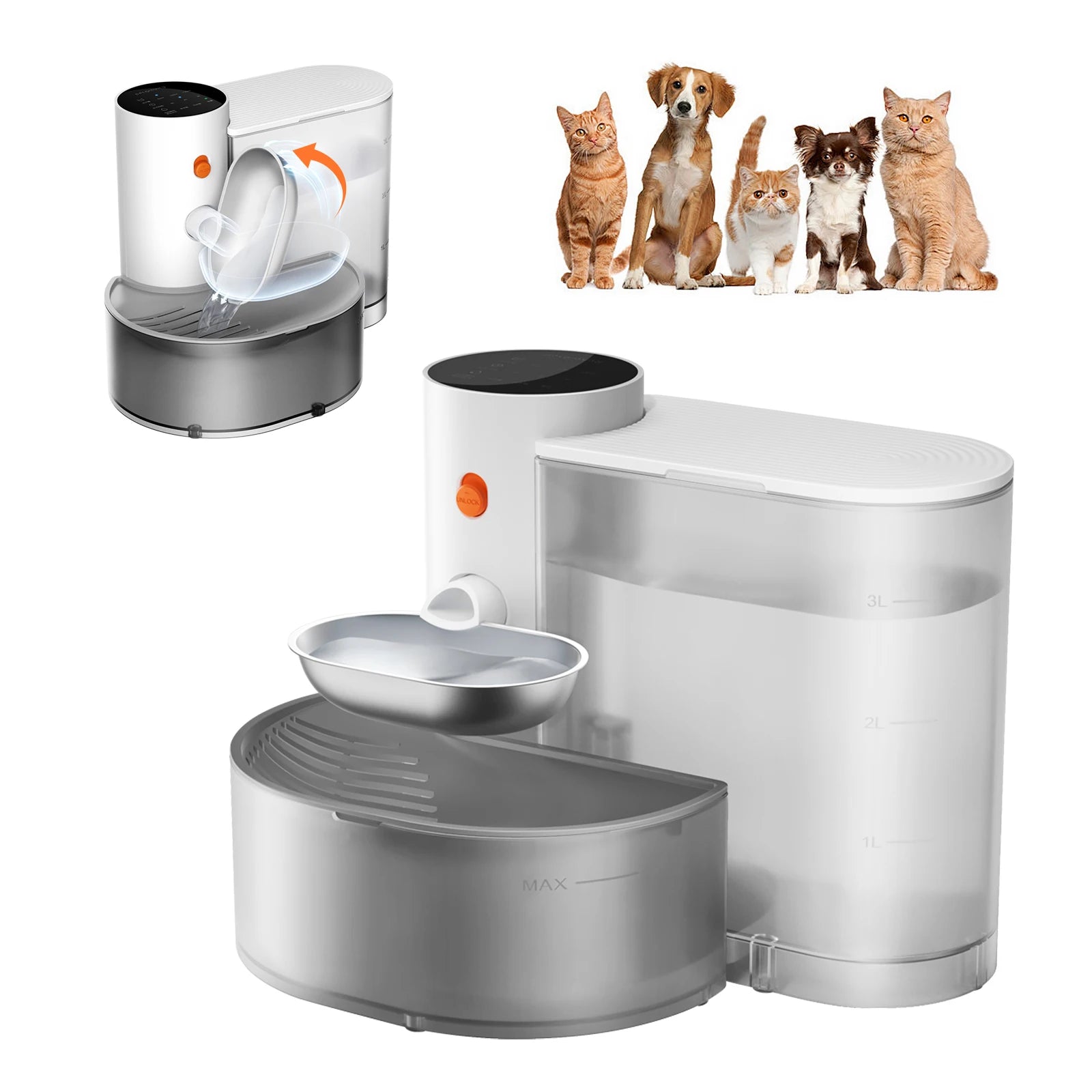 Automatic Feeder & Filtered Water Dispenser 2-in-1 Stainless Steel Pet Feeder