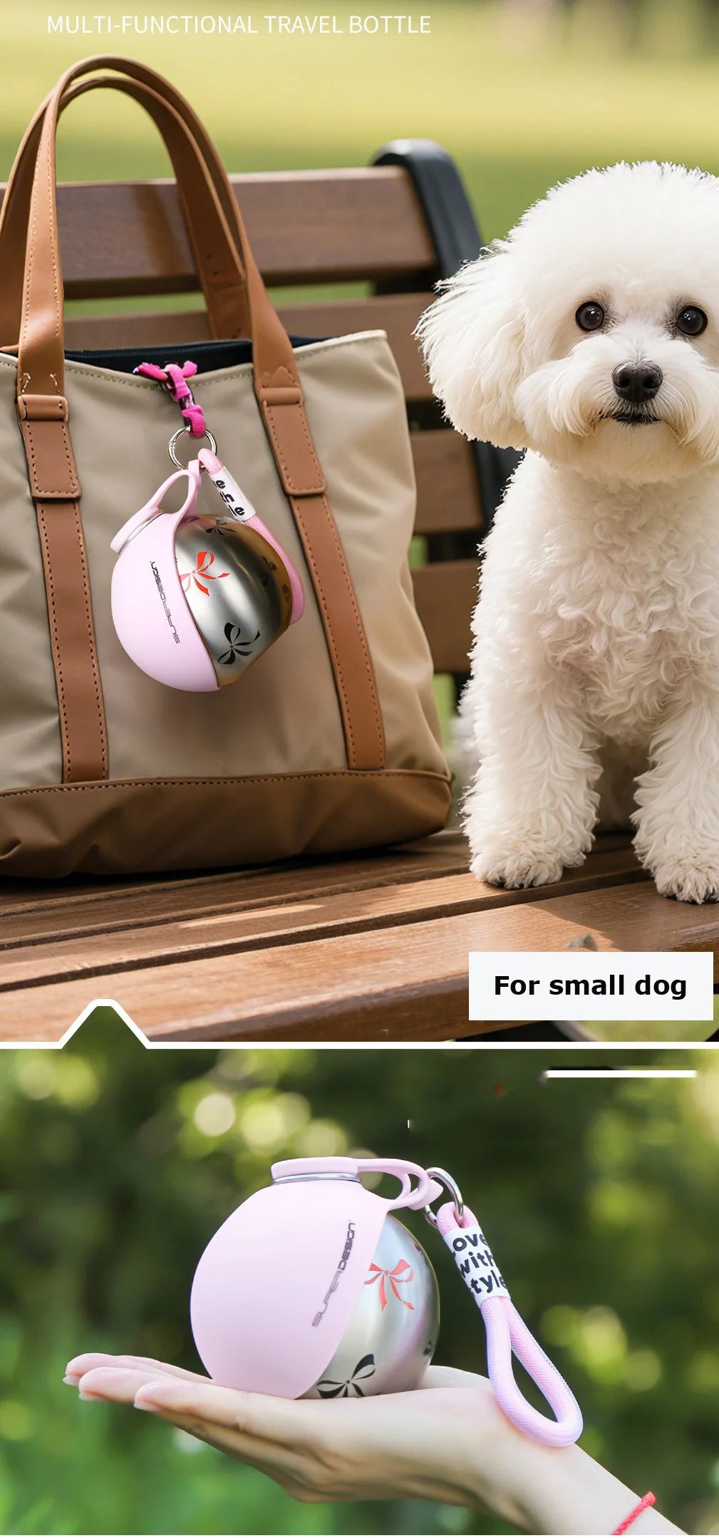 285ML Portable Stainless Steel Dog Water Bottle, Leakproof PETG Travel Drinking Dispenser for Small Puppy Outdoor Walking Hiking